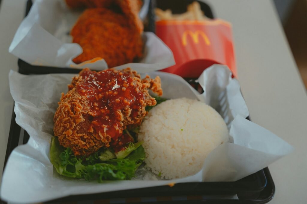 A tray filled with different types of food