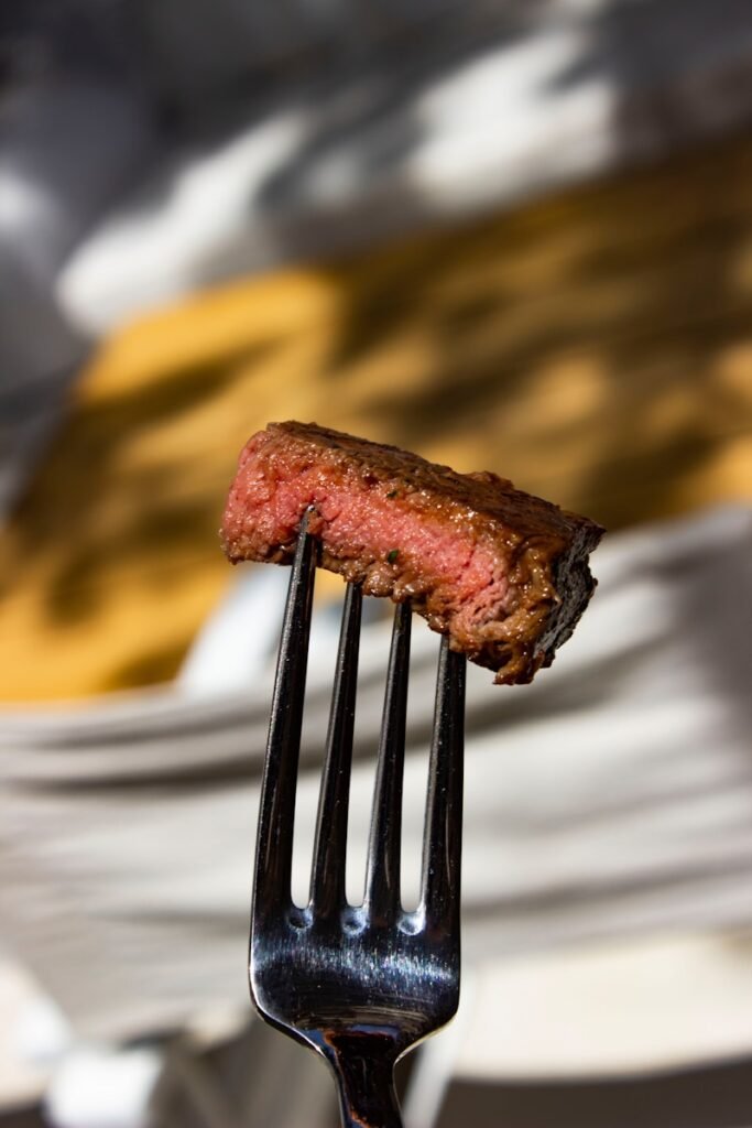 a fork with a piece of meat on it