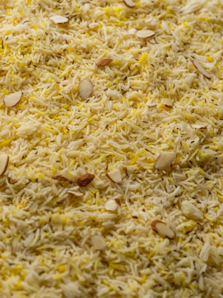 Delicious rice pilaf with sliced almonds.
