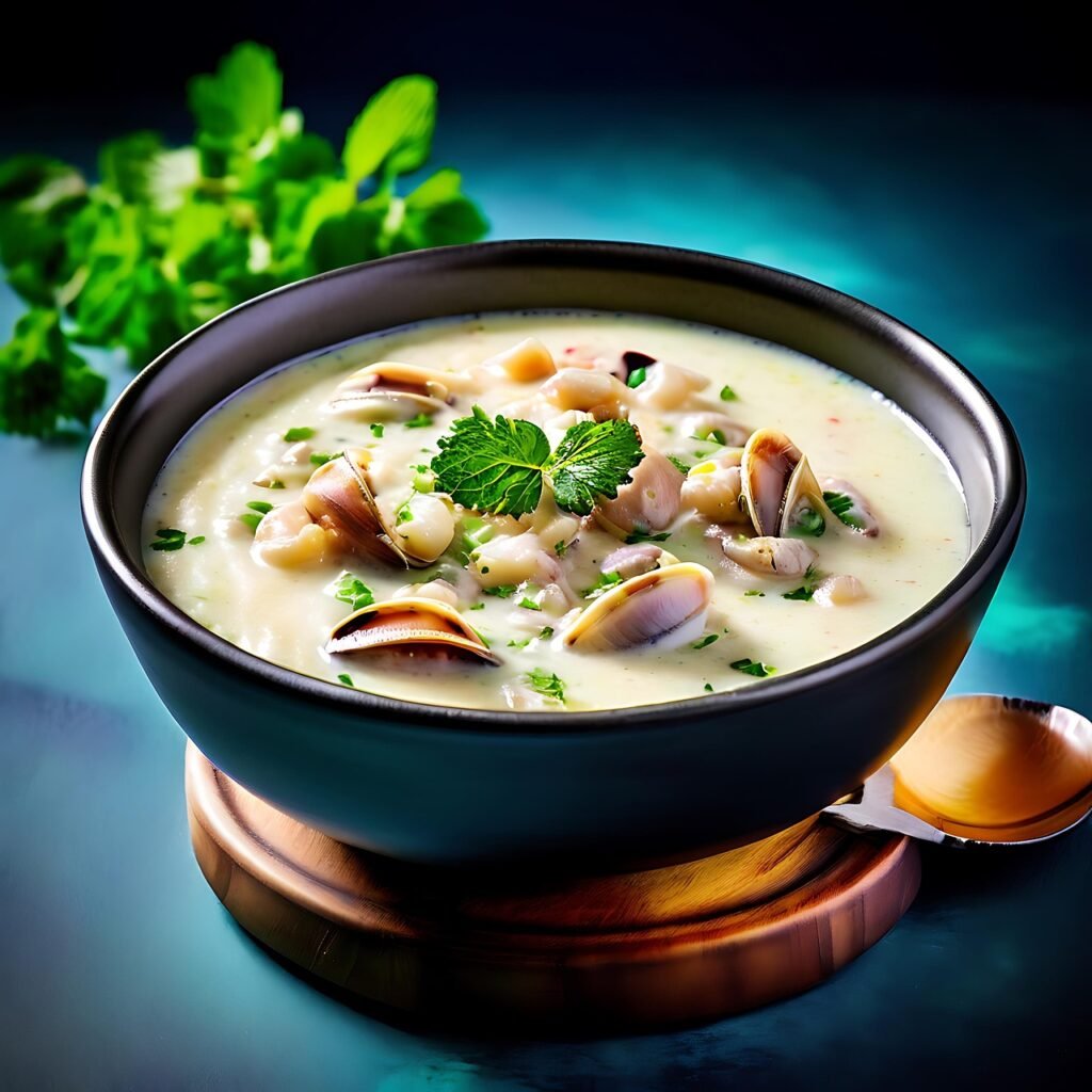 ai generated, clam chowder, soup, seafood, gourmet, hearty, comforting, dish, warm, meal, culinary, cuisine, savory, creamy