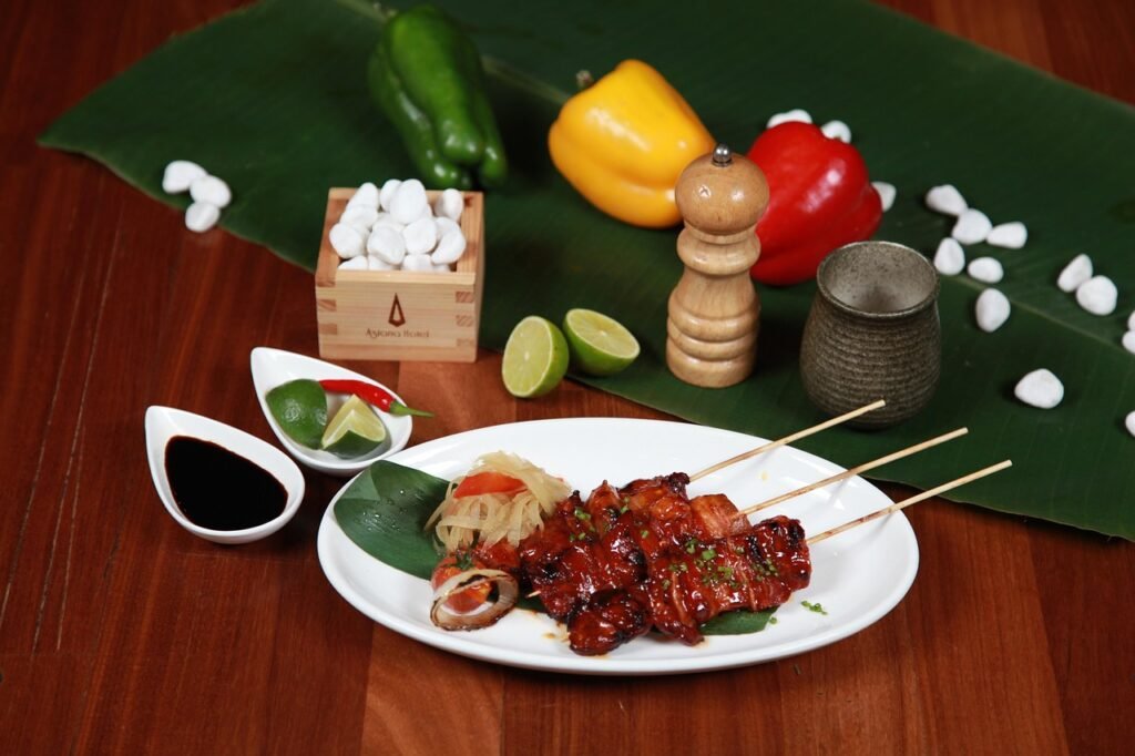 pork barbecue, pork, skewer, poultry, restaurant, sour, sweet, sauce, food, chicken, japanese, chopsticks, green, gourmet, dinner, asian, white, plate, tasty, lunch, hot