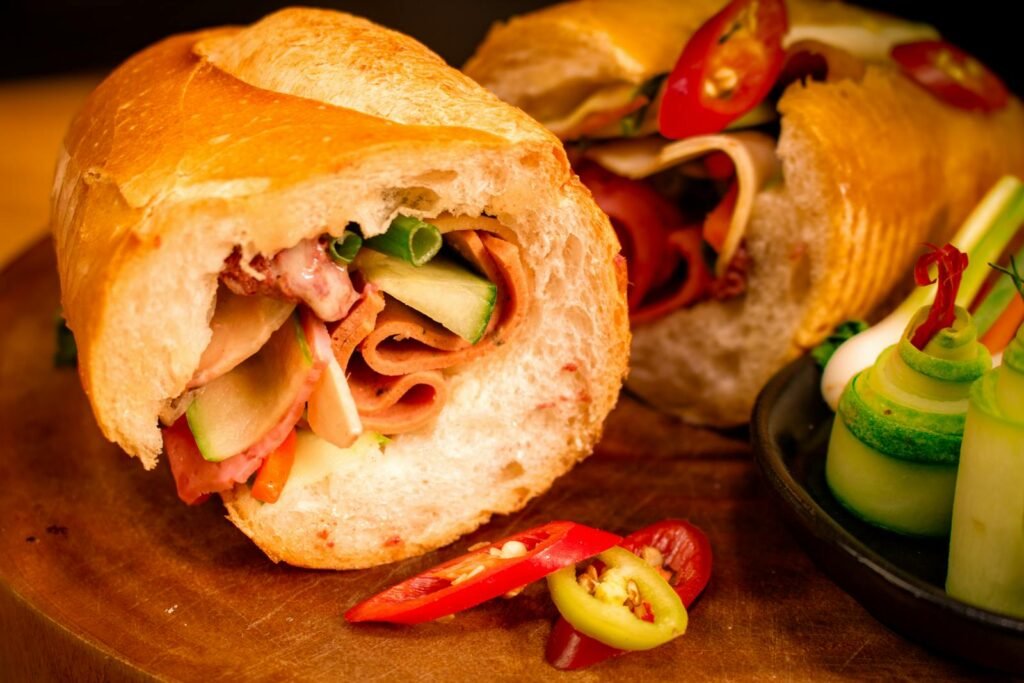 Close-up of a traditional Vietnamese bánh mì sandwich with fresh vegetables. Perfect for food lovers.