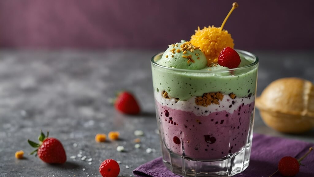 falooda, beverage, color, cups, drink, presentation, summer, dessert, sweet, food, candy, nature, chocolate, delicious, cone, waffle, ice, flavor, snack, popsicle, tasty, treat, berries, vanilla, ai generated